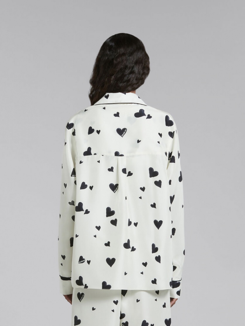 Marni Silk Pyjama Shirt With Bunch Of Hearts Print Blancos | MXICD37074