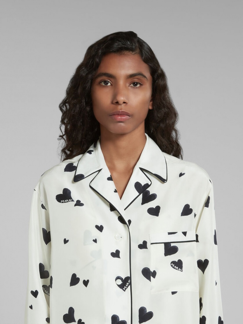 Marni Silk Pyjama Shirt With Bunch Of Hearts Print Blancos | MXICD37074