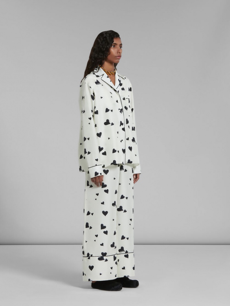 Marni Silk Pyjama Shirt With Bunch Of Hearts Print Blancos | MXICD37074