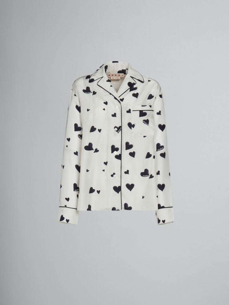 Marni Silk Pyjama Shirt With Bunch Of Hearts Print Blancos | MXICD37074