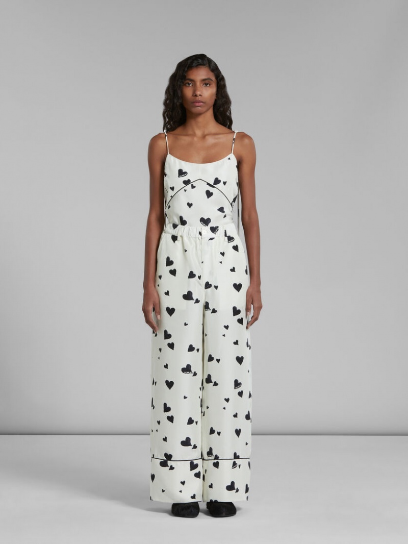 Marni Silk Pyjama Trousers With Bunch Of Hearts Print Blancos | MXXBR91210