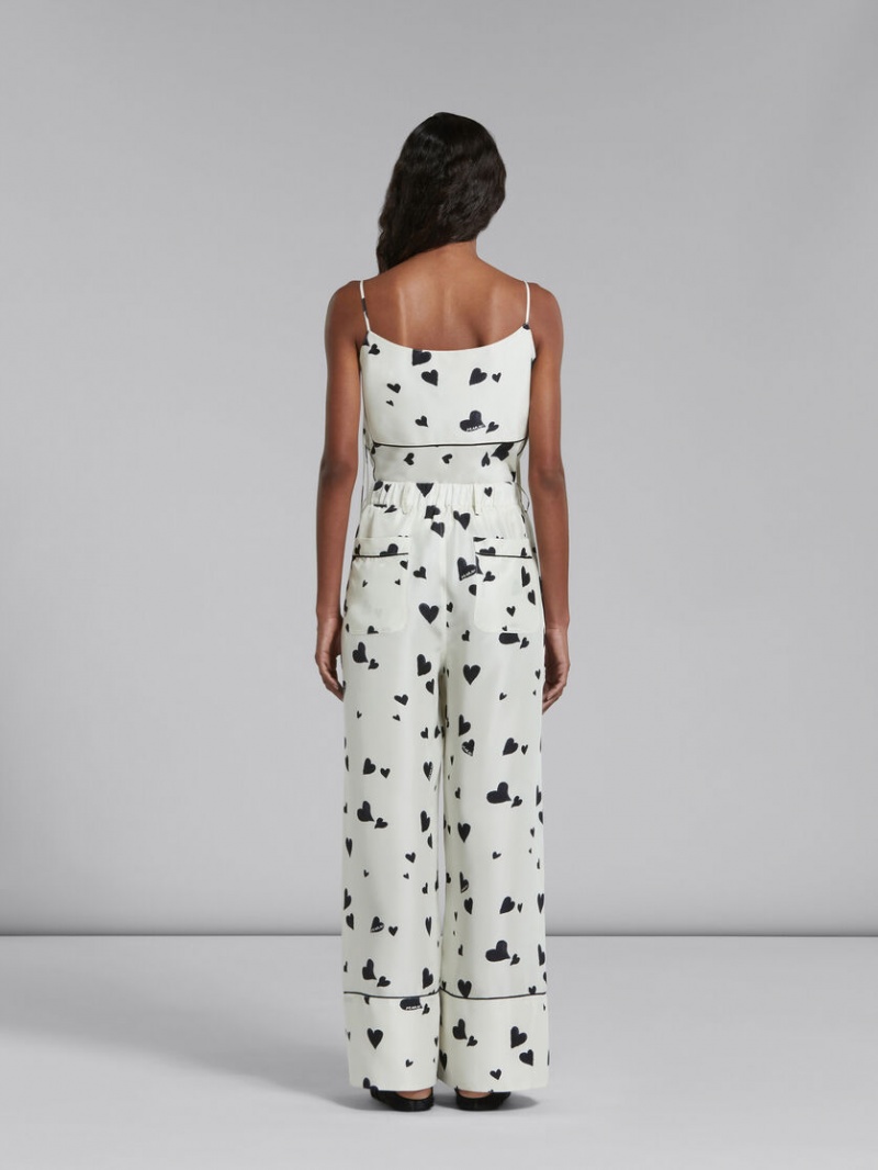 Marni Silk Pyjama Trousers With Bunch Of Hearts Print Blancos | MXXBR91210