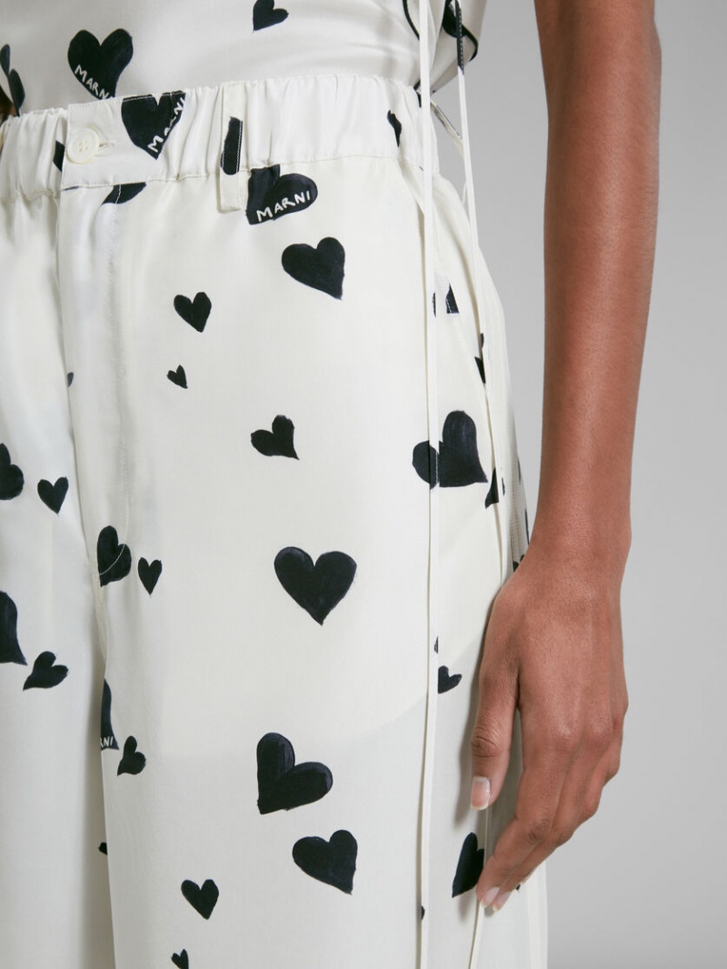 Marni Silk Pyjama Trousers With Bunch Of Hearts Print Blancos | MXXBR91210