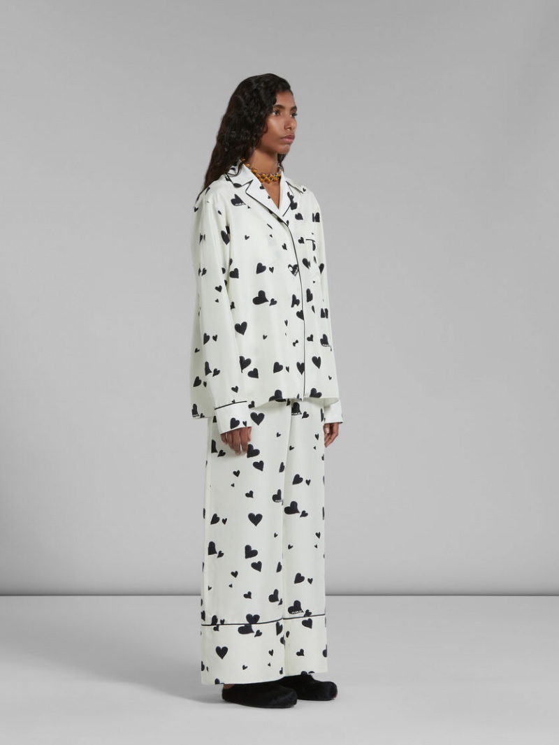 Marni Silk Pyjama Trousers With Bunch Of Hearts Print Blancos | MXXBR91210