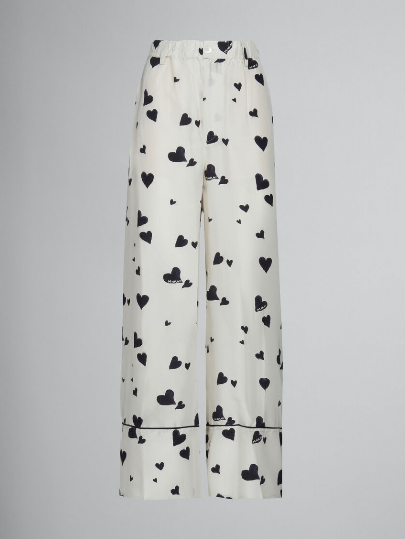 Marni Silk Pyjama Trousers With Bunch Of Hearts Print Blancos | MXXBR91210