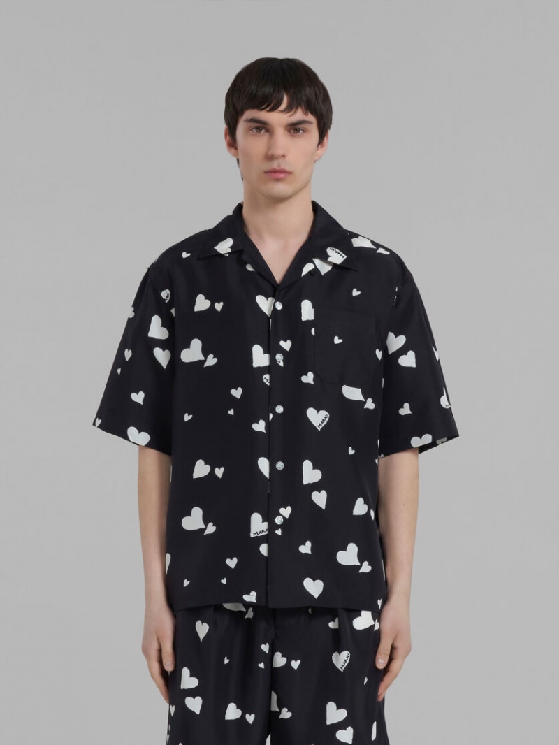 Marni Silk Shirt With Bunch Of Hearts Print Negros | MXCVG83294