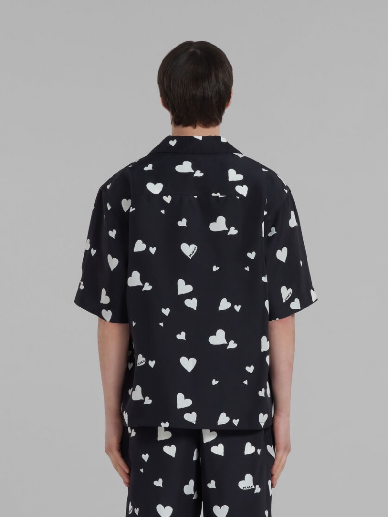 Marni Silk Shirt With Bunch Of Hearts Print Negros | MXCVG83294