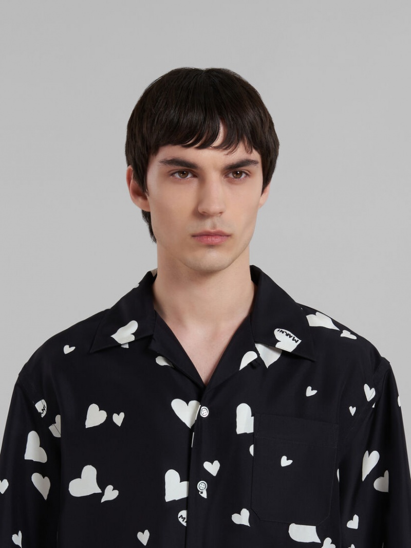 Marni Silk Shirt With Bunch Of Hearts Print Negros | MXCVG83294