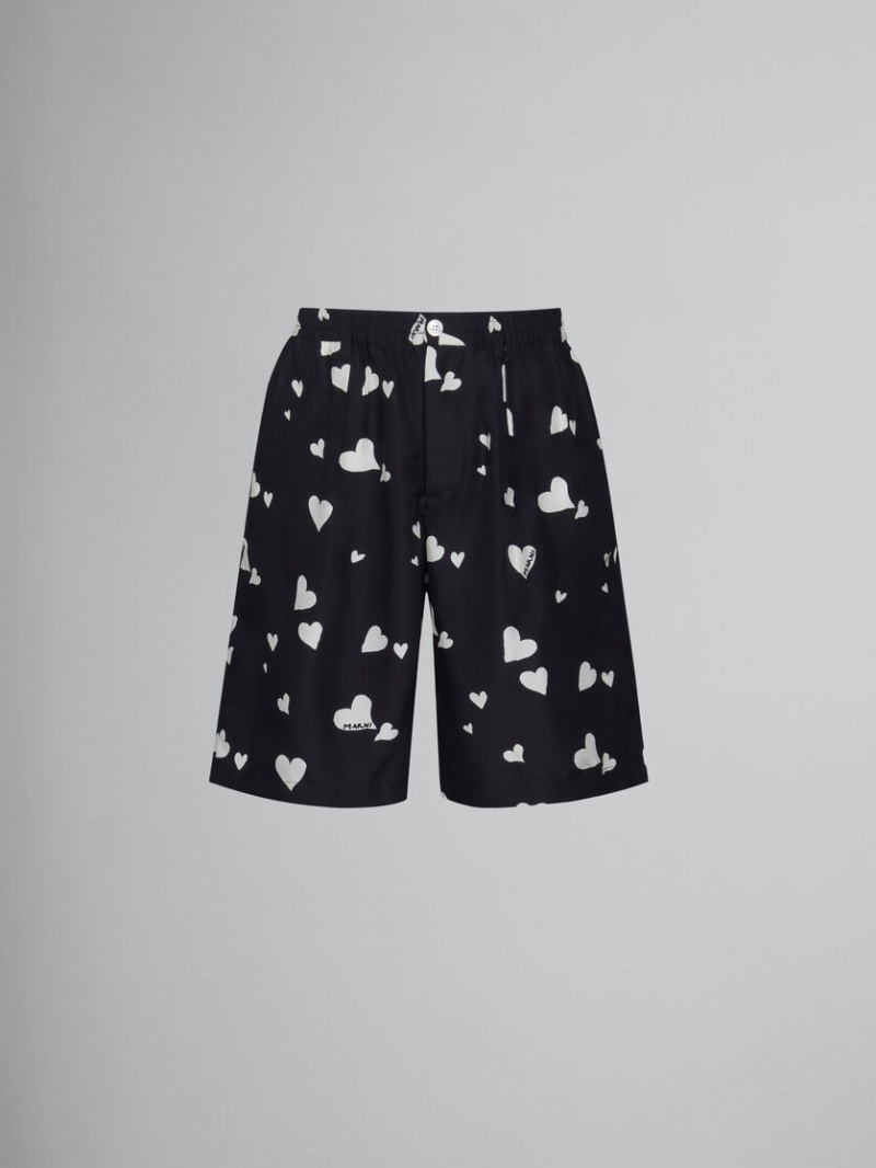 Marni Silk Shorts With Bunch Of Hearts Print Negros | FMXUI94198