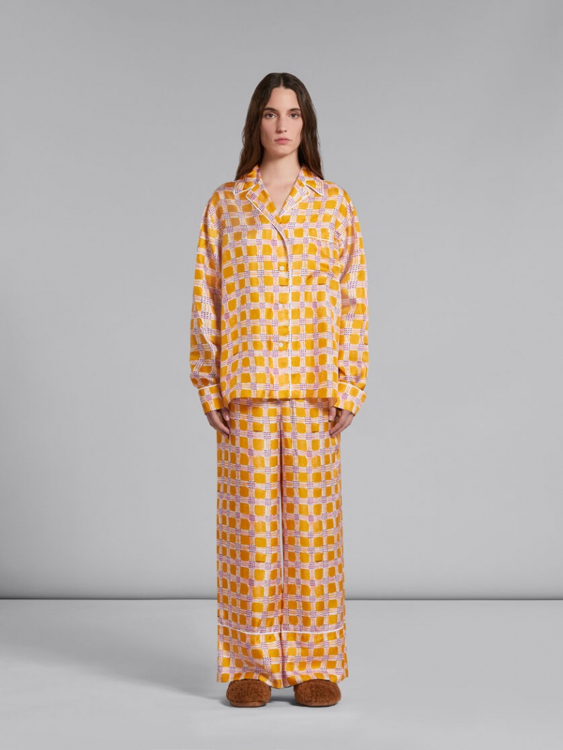 Marni Silk Twill Pyjama Pants With Check Fields Print Amarillos | MXEAH92415