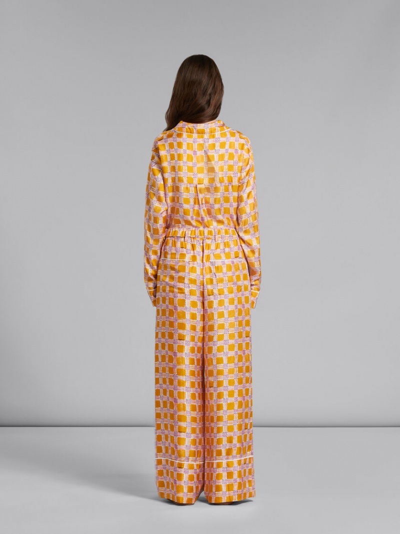 Marni Silk Twill Pyjama Pants With Check Fields Print Amarillos | MXEAH92415