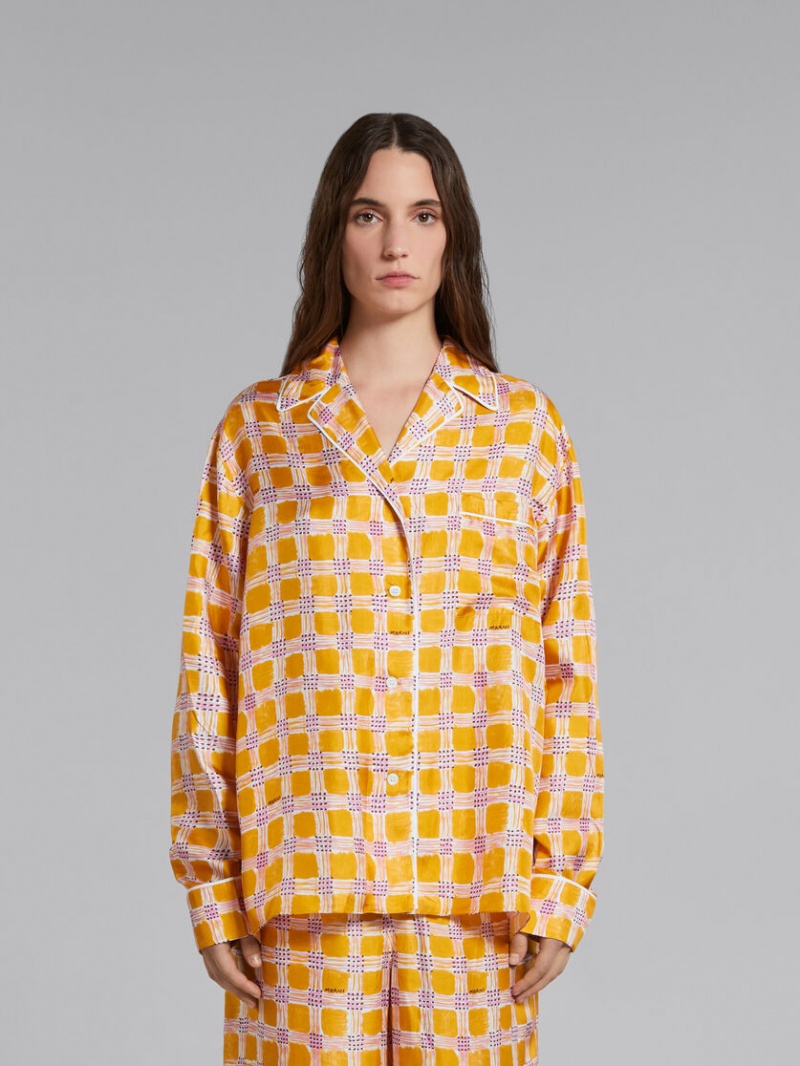 Marni Silk Twill Pyjama Shirt With Check Fields Print Amarillos | MXNEJ88710