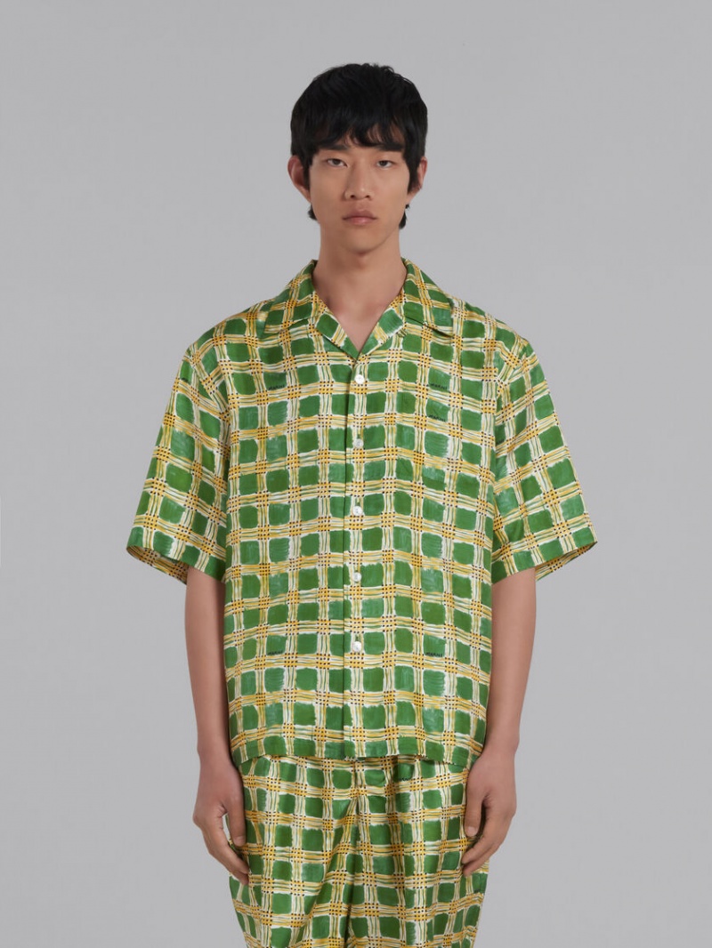 Marni Silk Twill Shirt With Check Fields Print Verdes | MXJVR11899