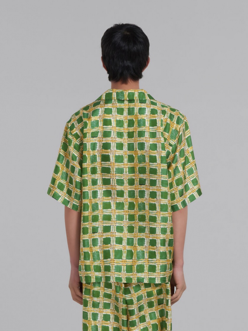 Marni Silk Twill Shirt With Check Fields Print Verdes | MXJVR11899