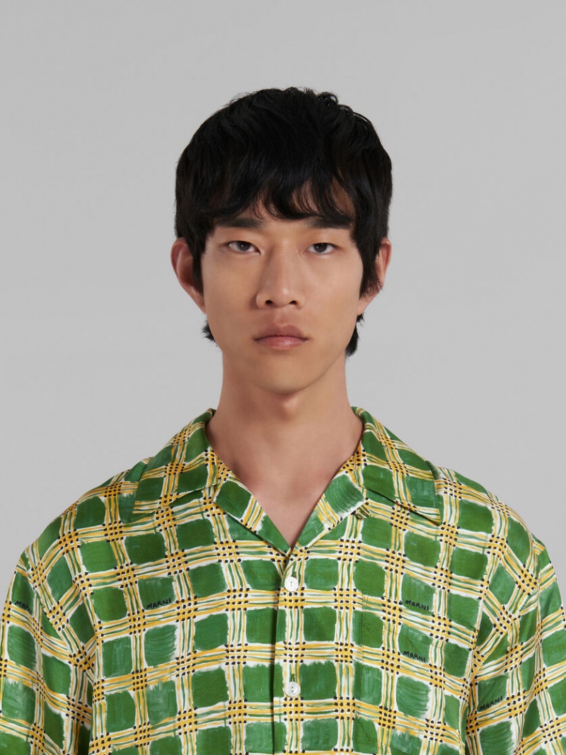 Marni Silk Twill Shirt With Check Fields Print Verdes | MXJVR11899