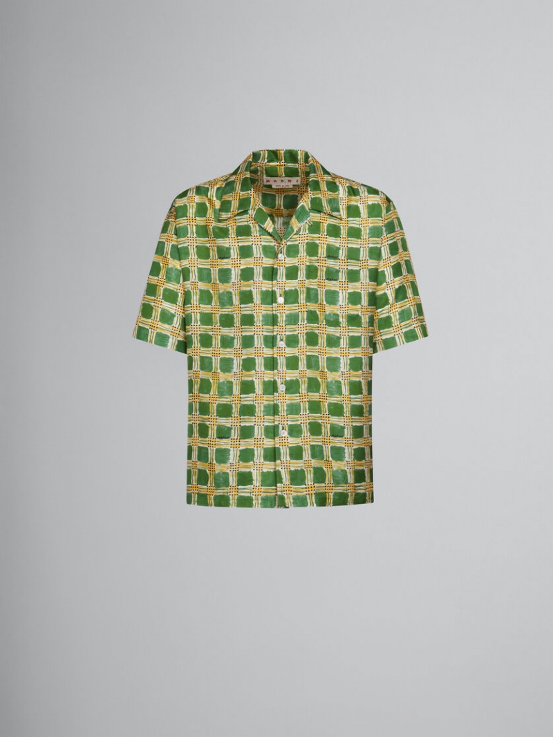 Marni Silk Twill Shirt With Check Fields Print Verdes | MXJVR11899