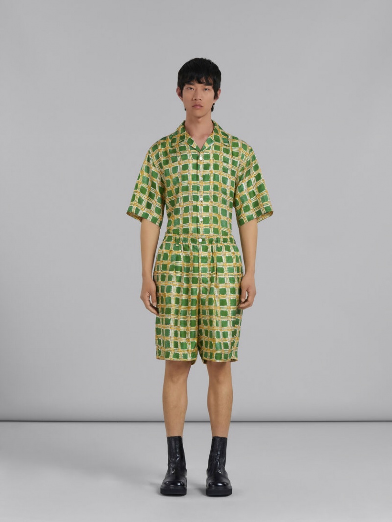 Marni Silk Twill Shorts With Check Fields Print Verdes | MXXMI19041