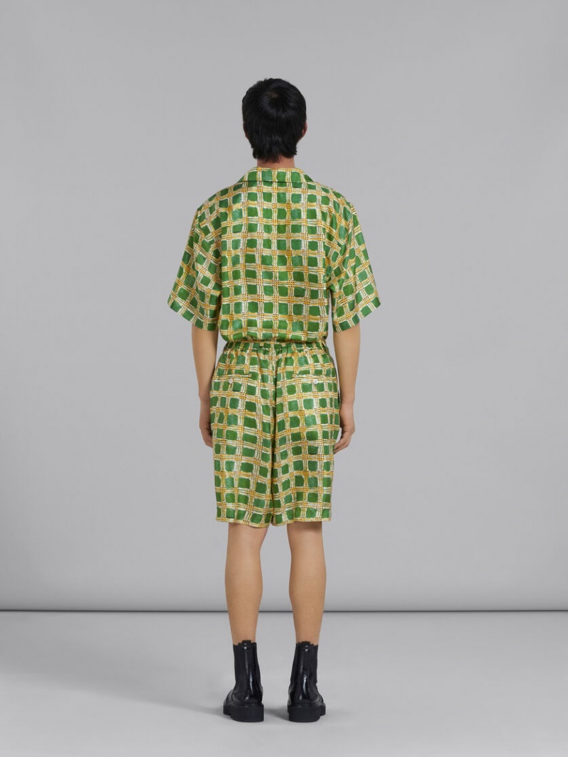 Marni Silk Twill Shorts With Check Fields Print Verdes | MXXMI19041