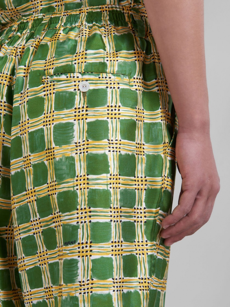 Marni Silk Twill Shorts With Check Fields Print Verdes | MXXMI19041