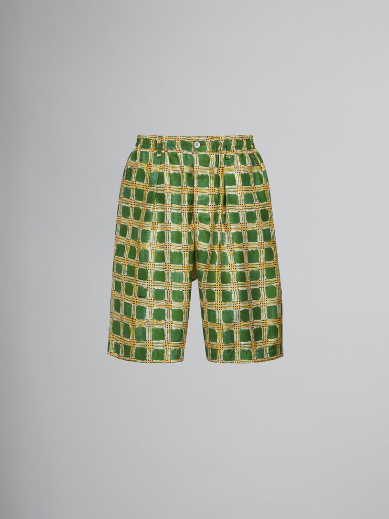 Marni Silk Twill Shorts With Check Fields Print Verdes | MXXMI19041