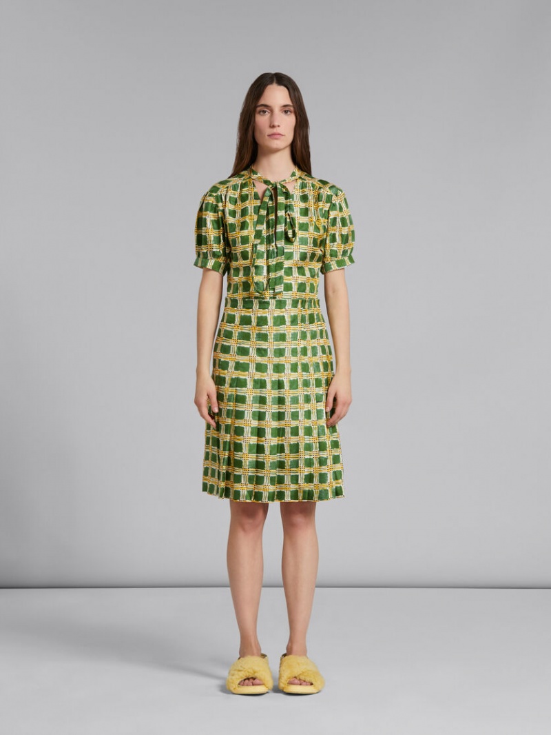 Marni Silk Twill Skirt With Check Fields Print Verdes | QMXWA93297