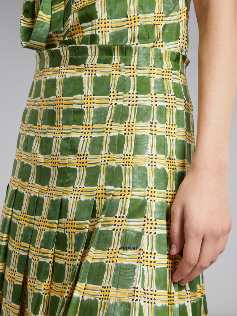 Marni Silk Twill Skirt With Check Fields Print Verdes | QMXWA93297