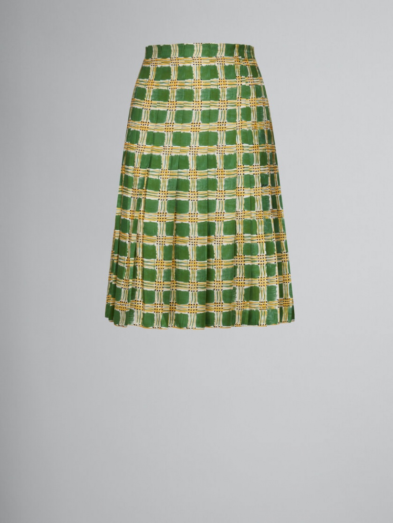 Marni Silk Twill Skirt With Check Fields Print Verdes | QMXWA93297