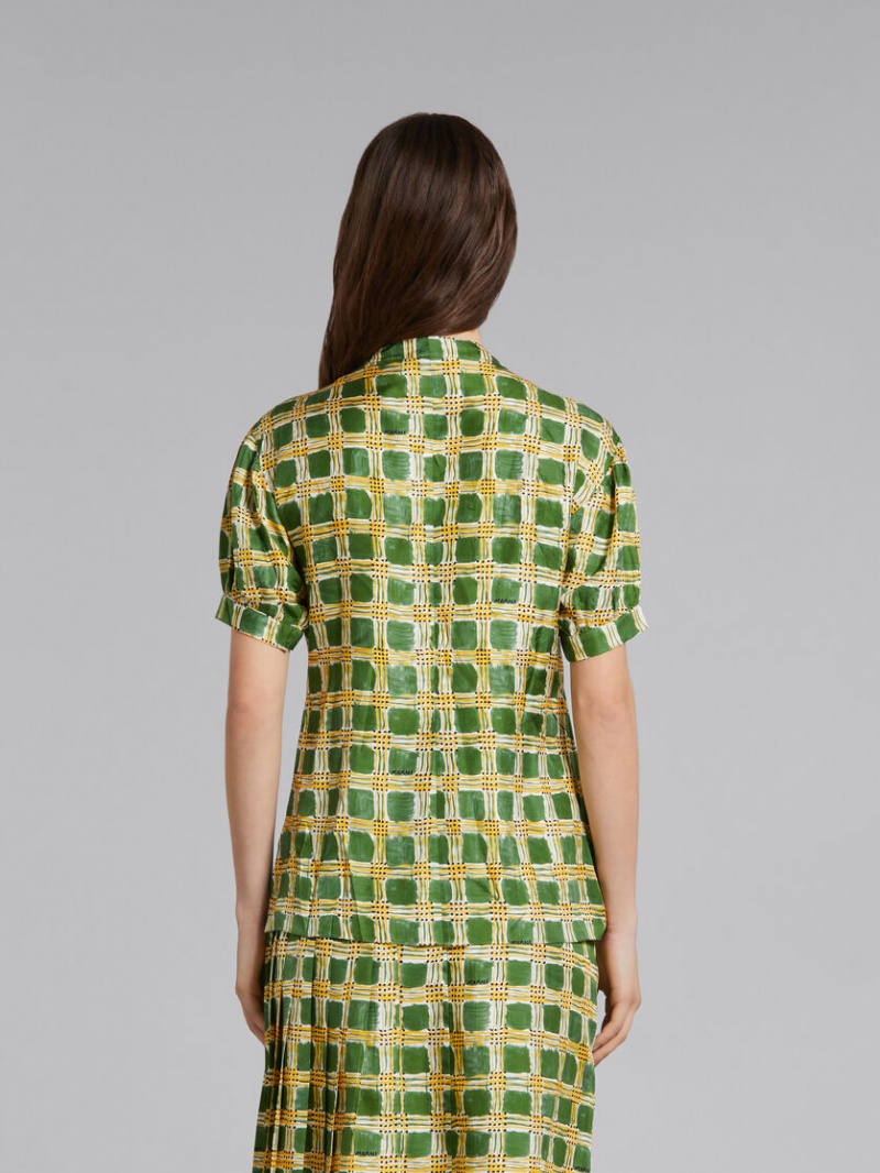 Marni Silk Twill Top With Check Fields Print Verdes | MXNZX75540