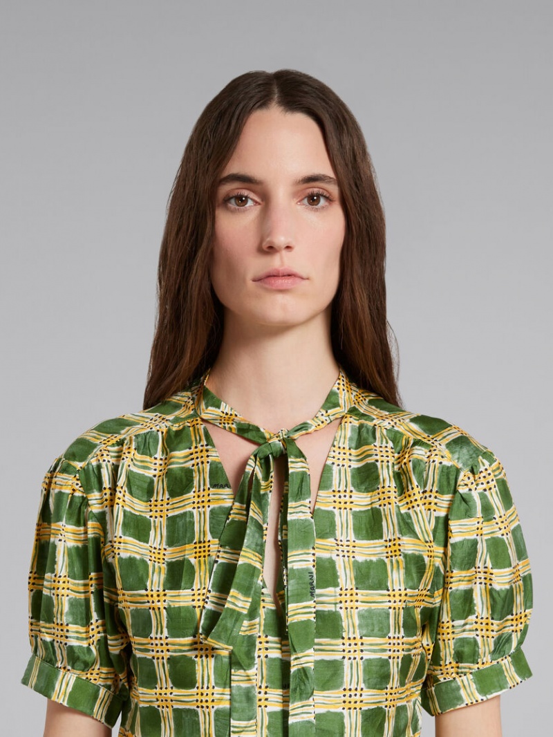 Marni Silk Twill Top With Check Fields Print Verdes | MXNZX75540