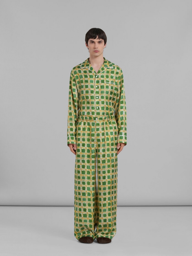 Marni Silk Twill Trousers With Check Fields Print Verdes | MXEGJ48951