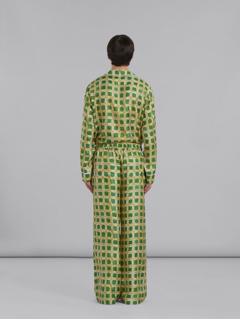 Marni Silk Twill Trousers With Check Fields Print Verdes | MXEGJ48951