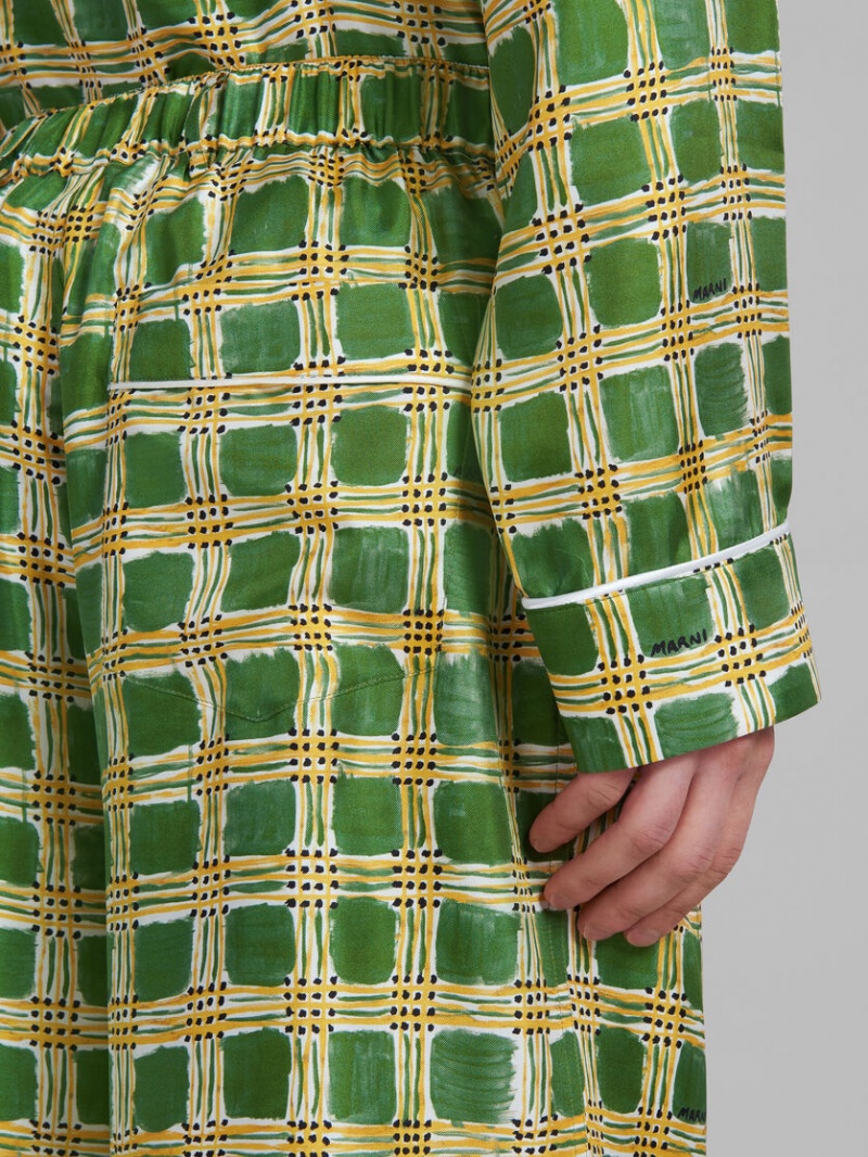 Marni Silk Twill Trousers With Check Fields Print Verdes | MXEGJ48951