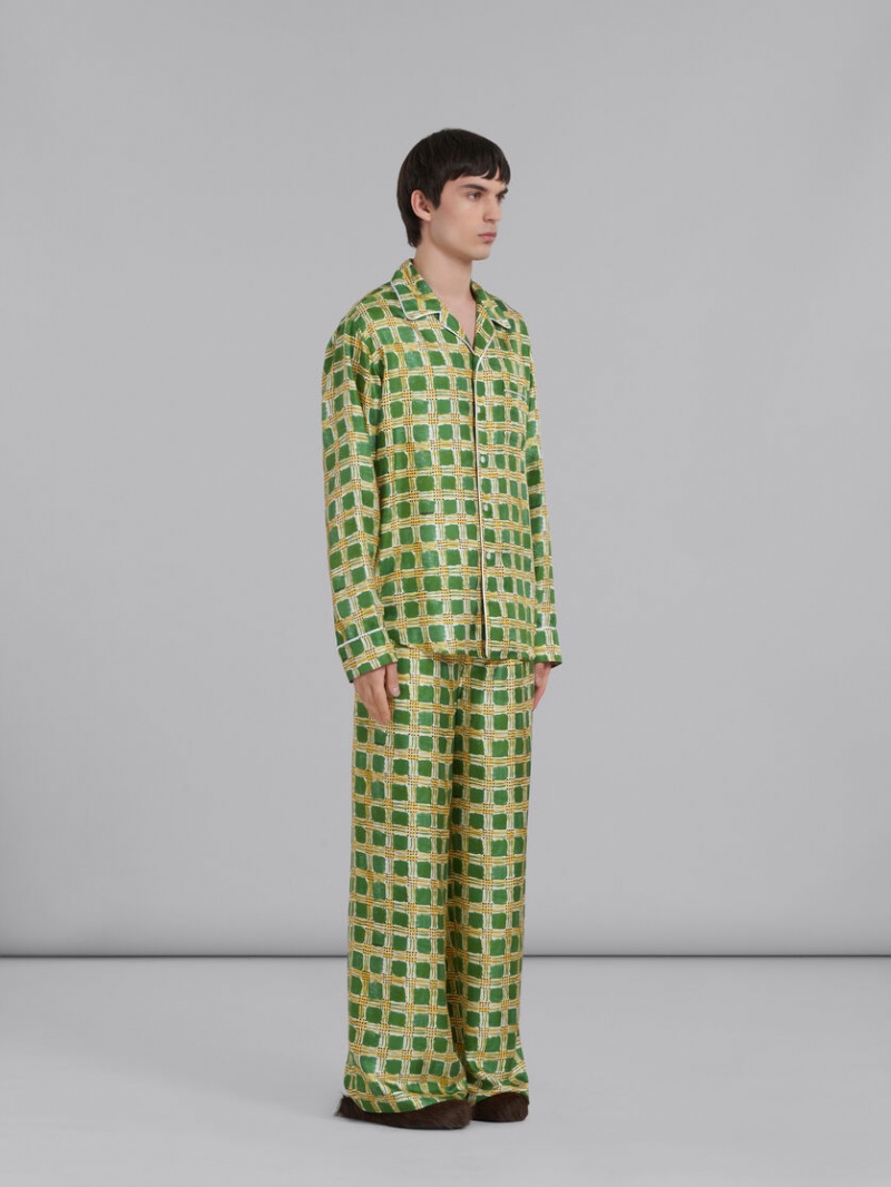 Marni Silk Twill Trousers With Check Fields Print Verdes | MXEGJ48951