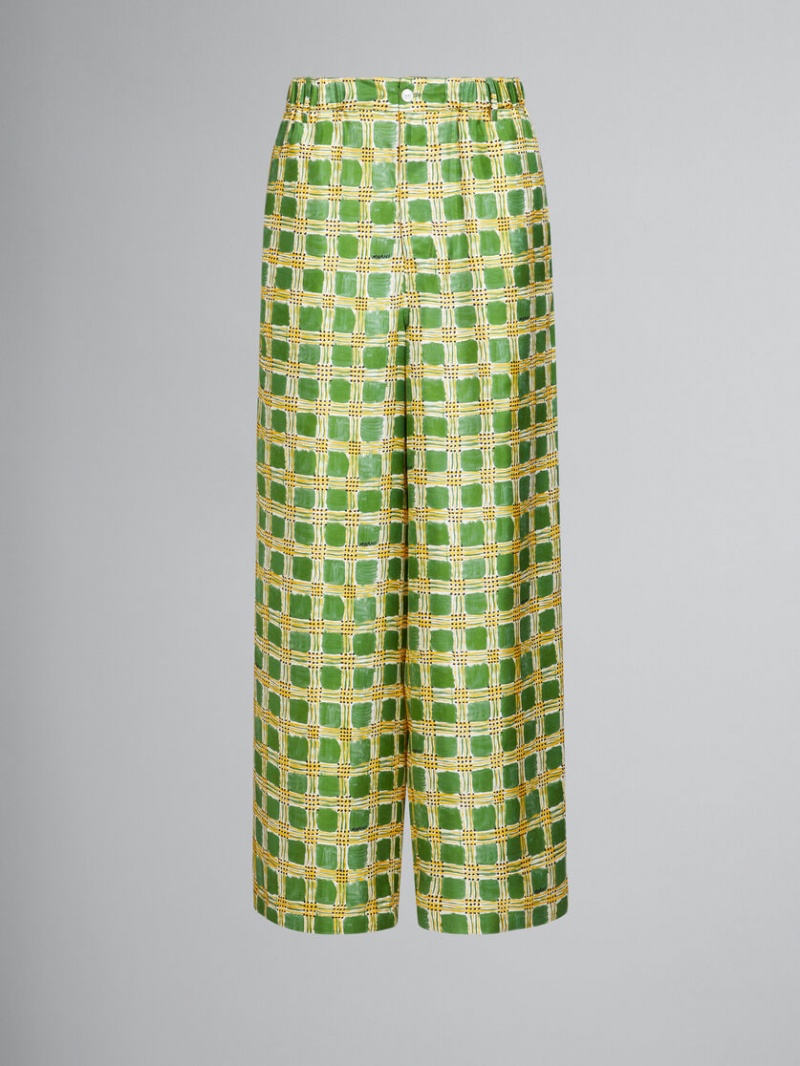 Marni Silk Twill Trousers With Check Fields Print Verdes | MXEGJ48951