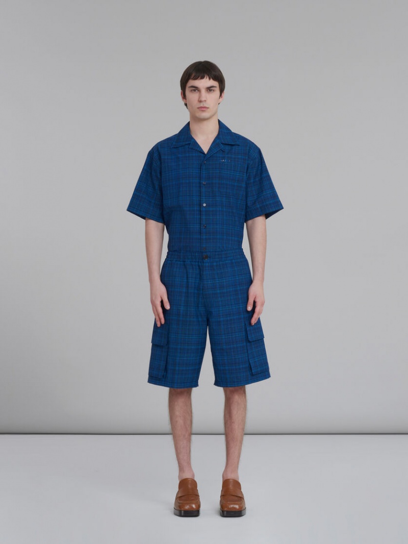 Marni Stretch Cintura Cargo Shorts In Checked Light Lana Azules Azules | QMXUV85908