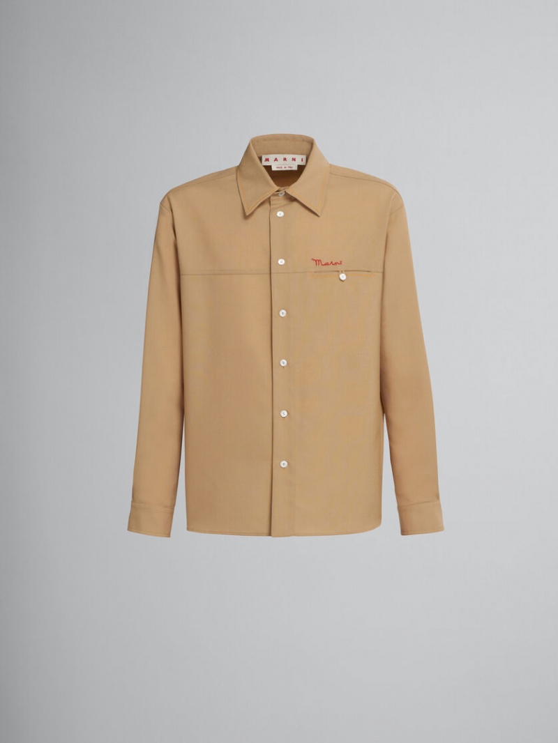 Marni Tropical Lana Shirt With Embroidered Logo Beige | MXNEJ57075