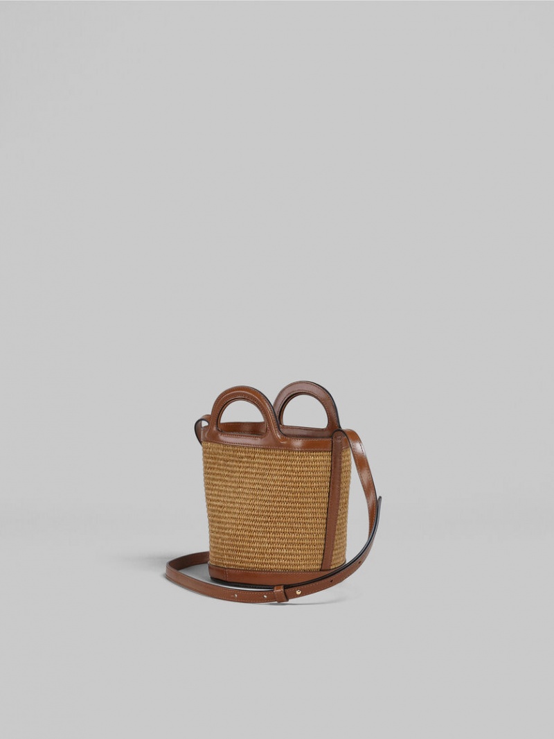 Marni Tropicalia Small Bucket Bag Cuero And Raffia Marrom | GMXUC27168