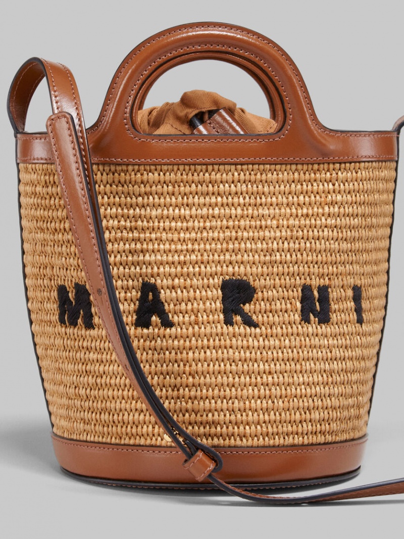 Marni Tropicalia Small Bucket Bag Cuero And Raffia Marrom | GMXUC27168