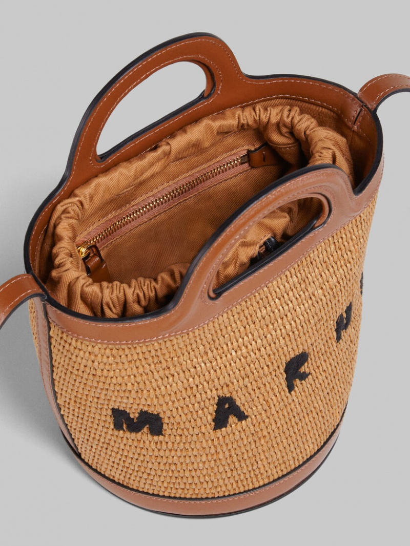 Marni Tropicalia Small Bucket Bag Cuero And Raffia Marrom | GMXUC27168