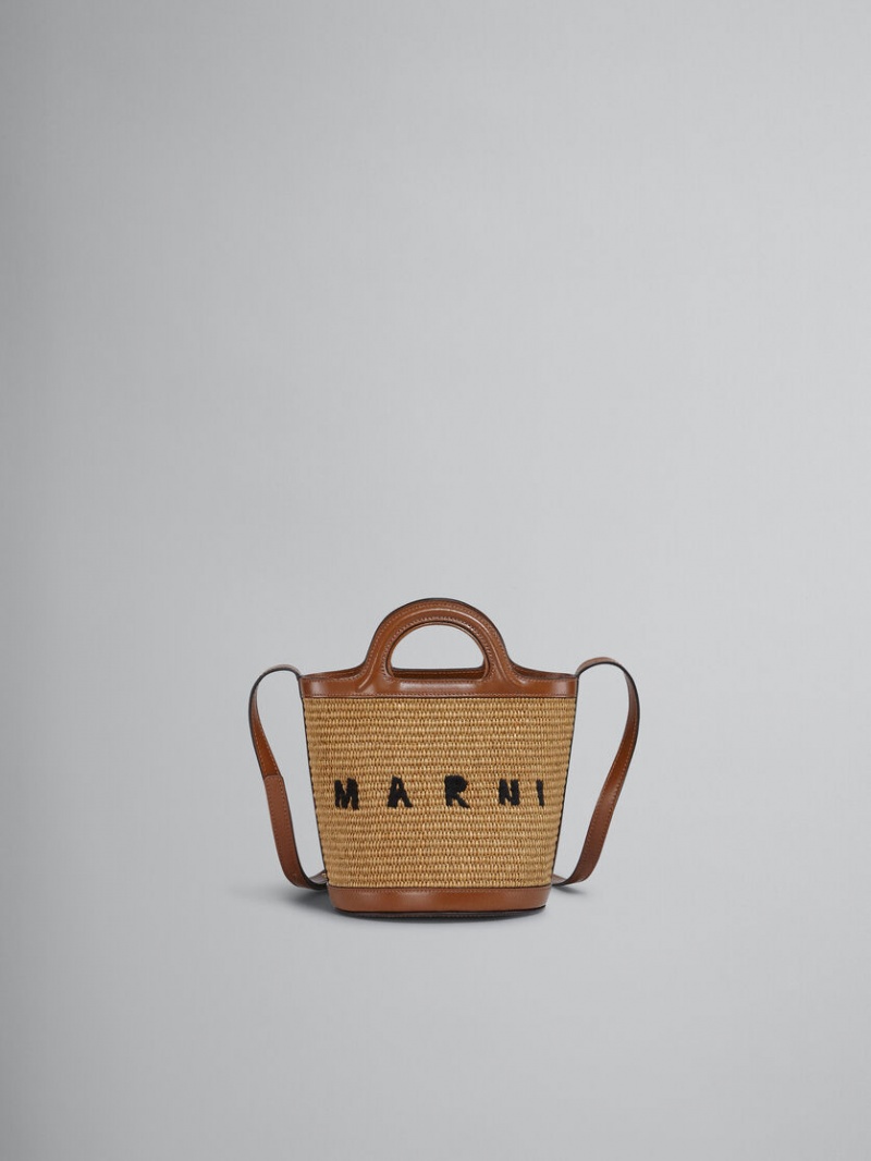 Marni Tropicalia Small Bucket Bag Cuero And Raffia Marrom | GMXUC27168